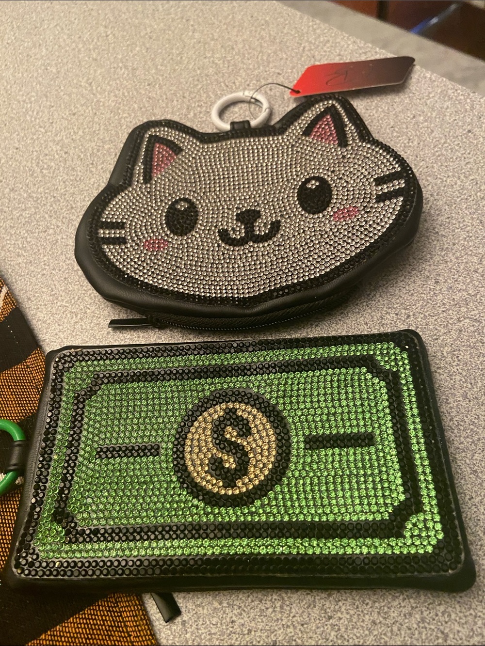 Sparkling Cat Face Coin Purse Keychain - Silver with Pink & Black Accents